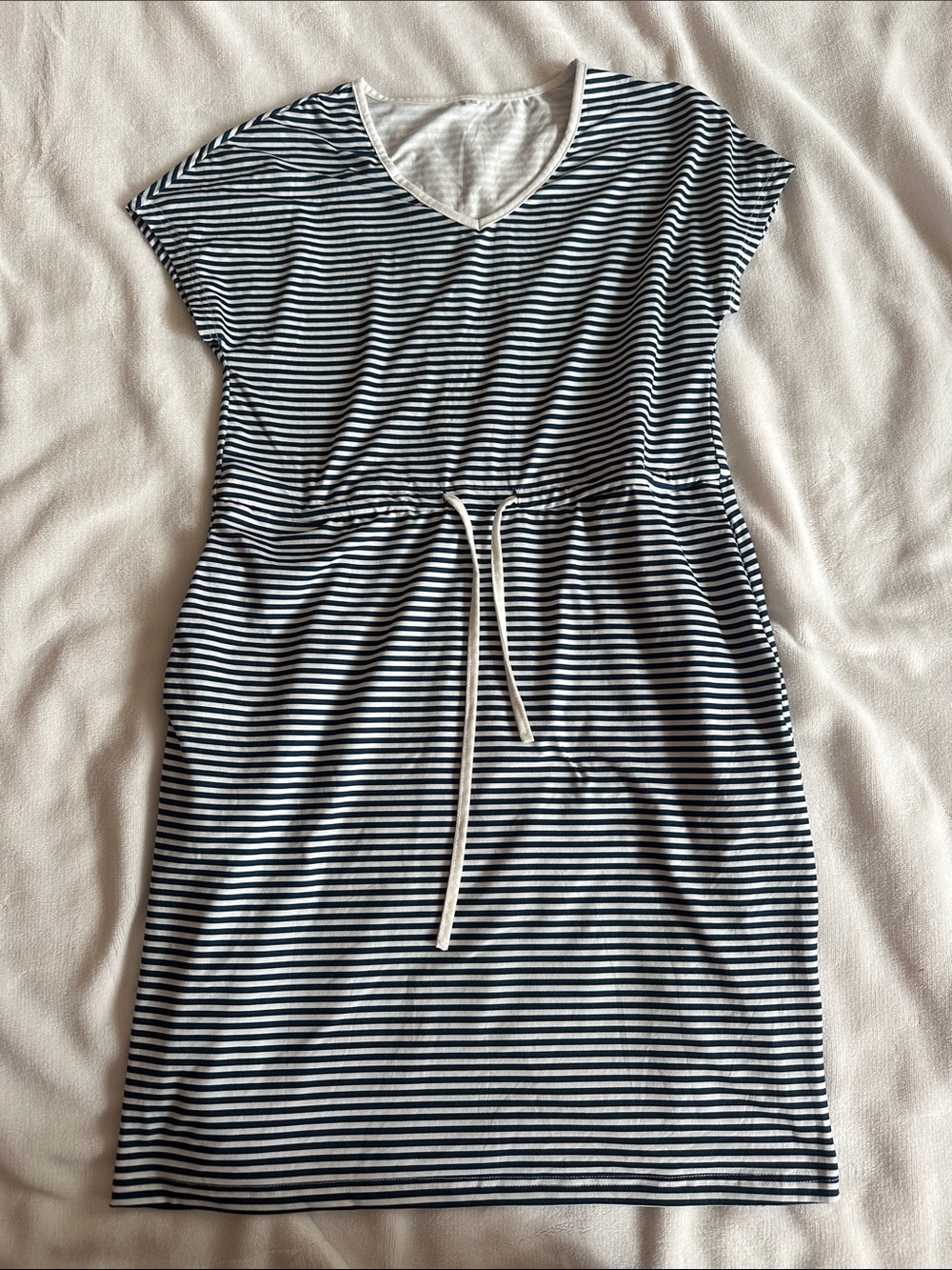 Striped Navy and White Drawstring Casual Dress